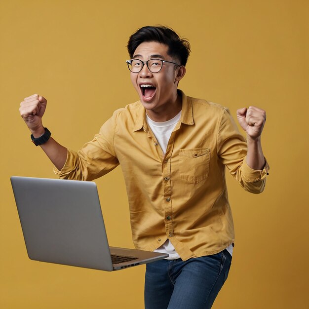 Man with raised hands celebrating internet service